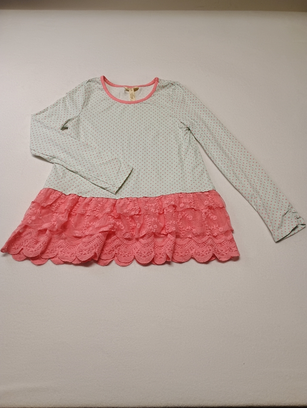 Matilda Jane Girls Size M Polka Dot Long Sleeve Top with Coral Lace Ruffle Hem